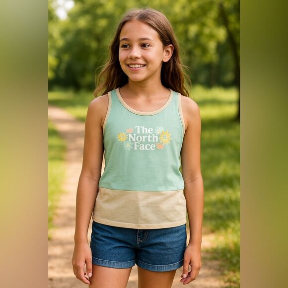 The North Face Girls XL 18 Tank Top Mint Green Cream Boho Floral Summer - Picture 1 of 5